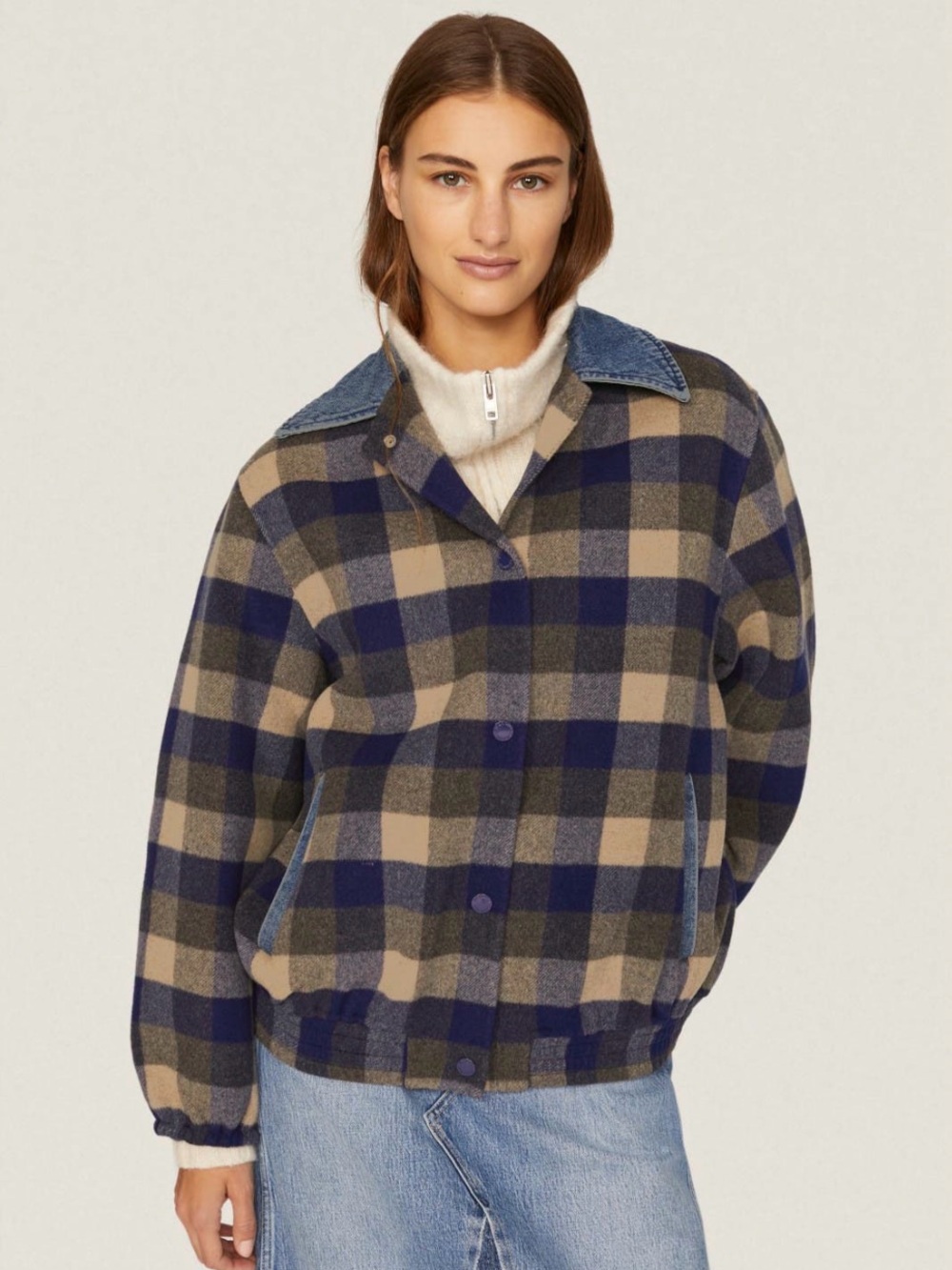 Sandro Jacket Warren Denim Blue Canel Plaid Contrast Collar Button Front Sz 36 - Picture 3 of 6